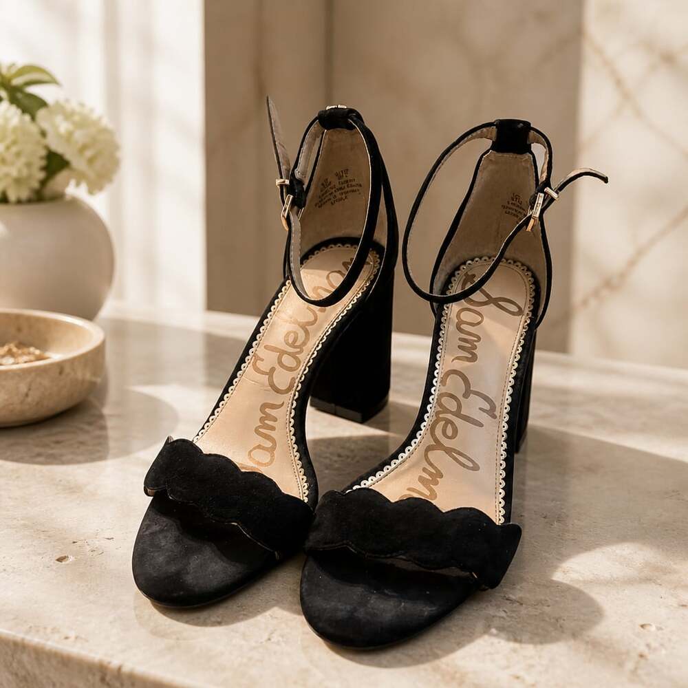 Sam Edelman Odila Black Suede Scallop Block Heel Sandals Women 8.5 Ankle Strap